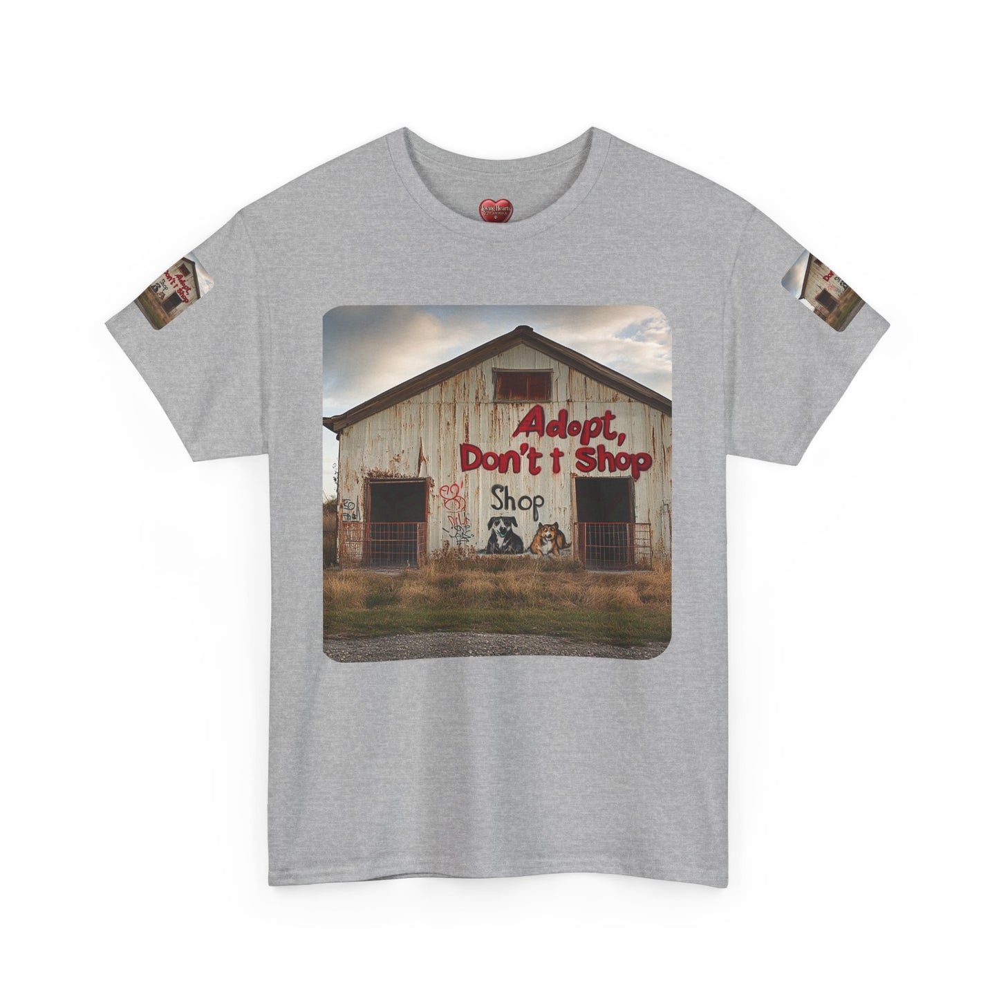 Support Rescue Animals – Rustic “Adopt Don’t Shop” Barn T-Shirt - Unisex Heavy Cotton Tee