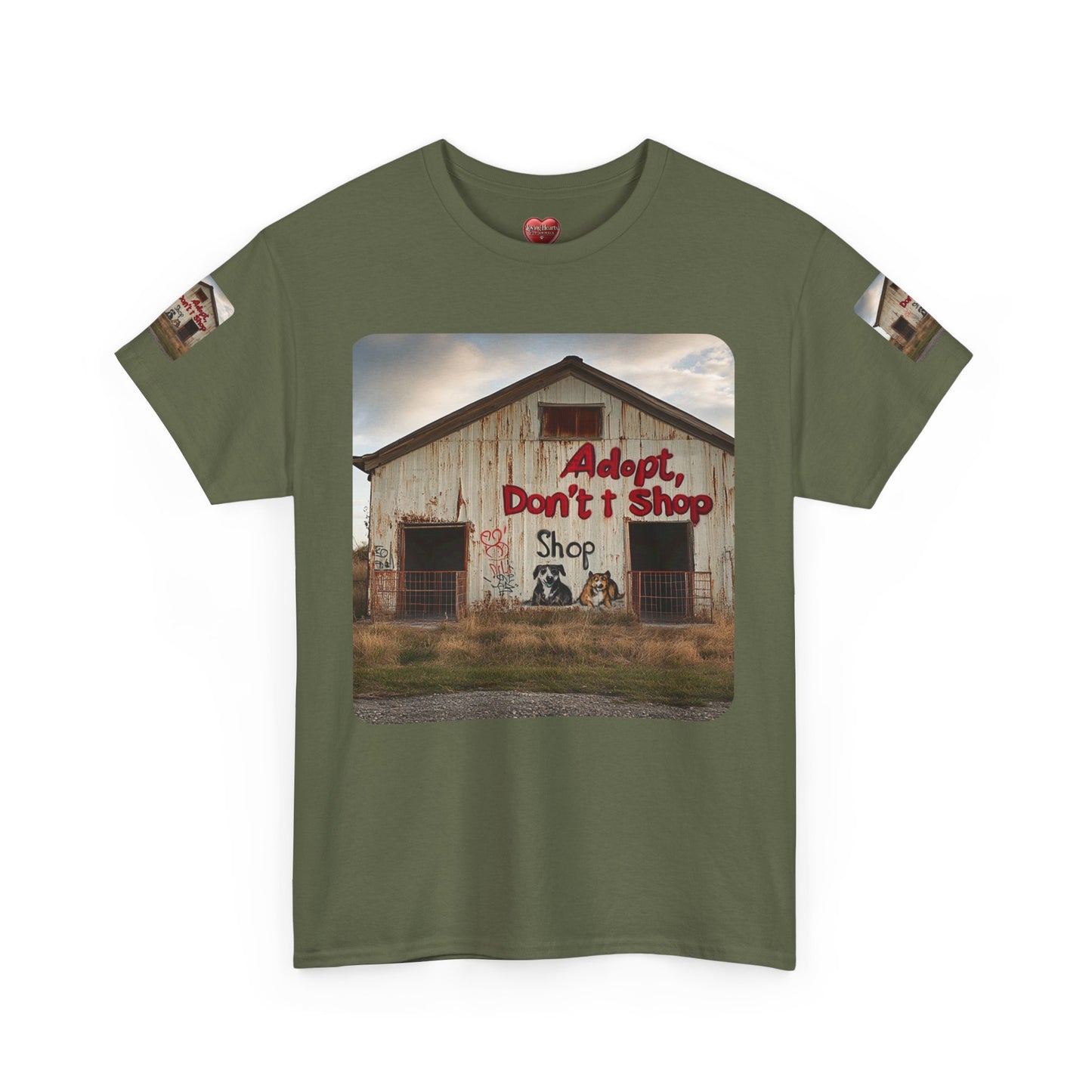 Support Rescue Animals – Rustic “Adopt Don’t Shop” Barn T-Shirt - Unisex Heavy Cotton Tee