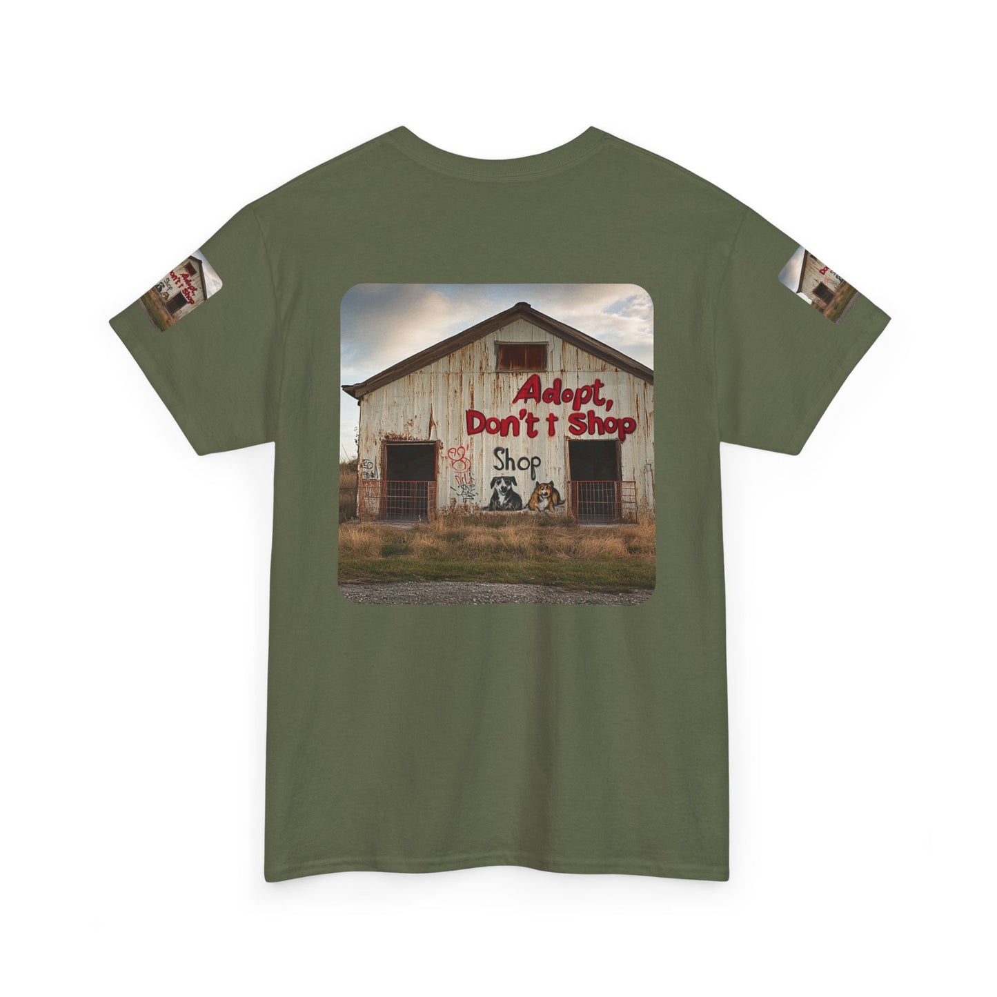 Support Rescue Animals – Rustic “Adopt Don’t Shop” Barn T-Shirt - Unisex Heavy Cotton Tee