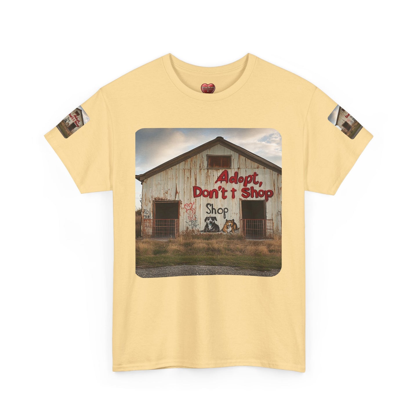 Support Rescue Animals – Rustic “Adopt Don’t Shop” Barn T-Shirt - Unisex Heavy Cotton Tee