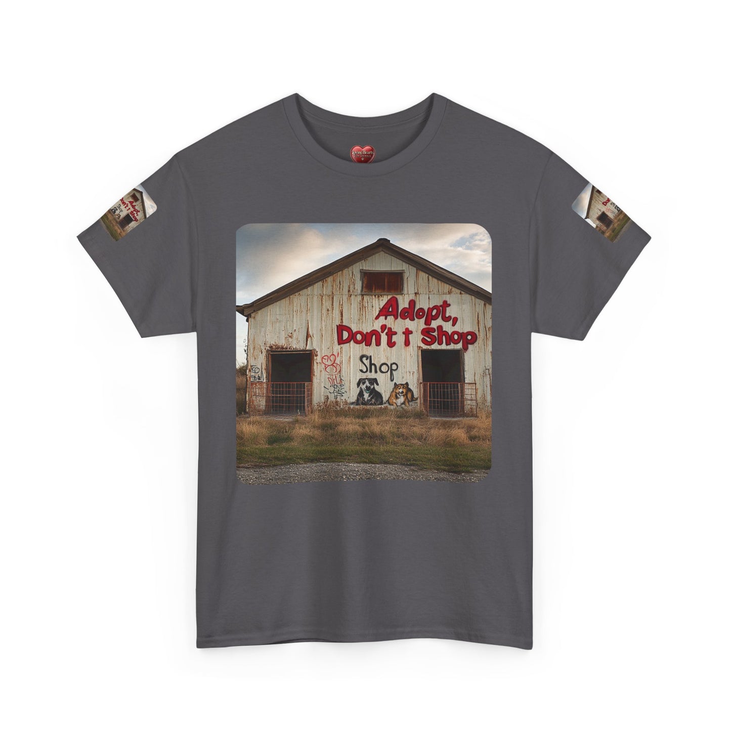 Support Rescue Animals – Rustic “Adopt Don’t Shop” Barn T-Shirt - Unisex Heavy Cotton Tee