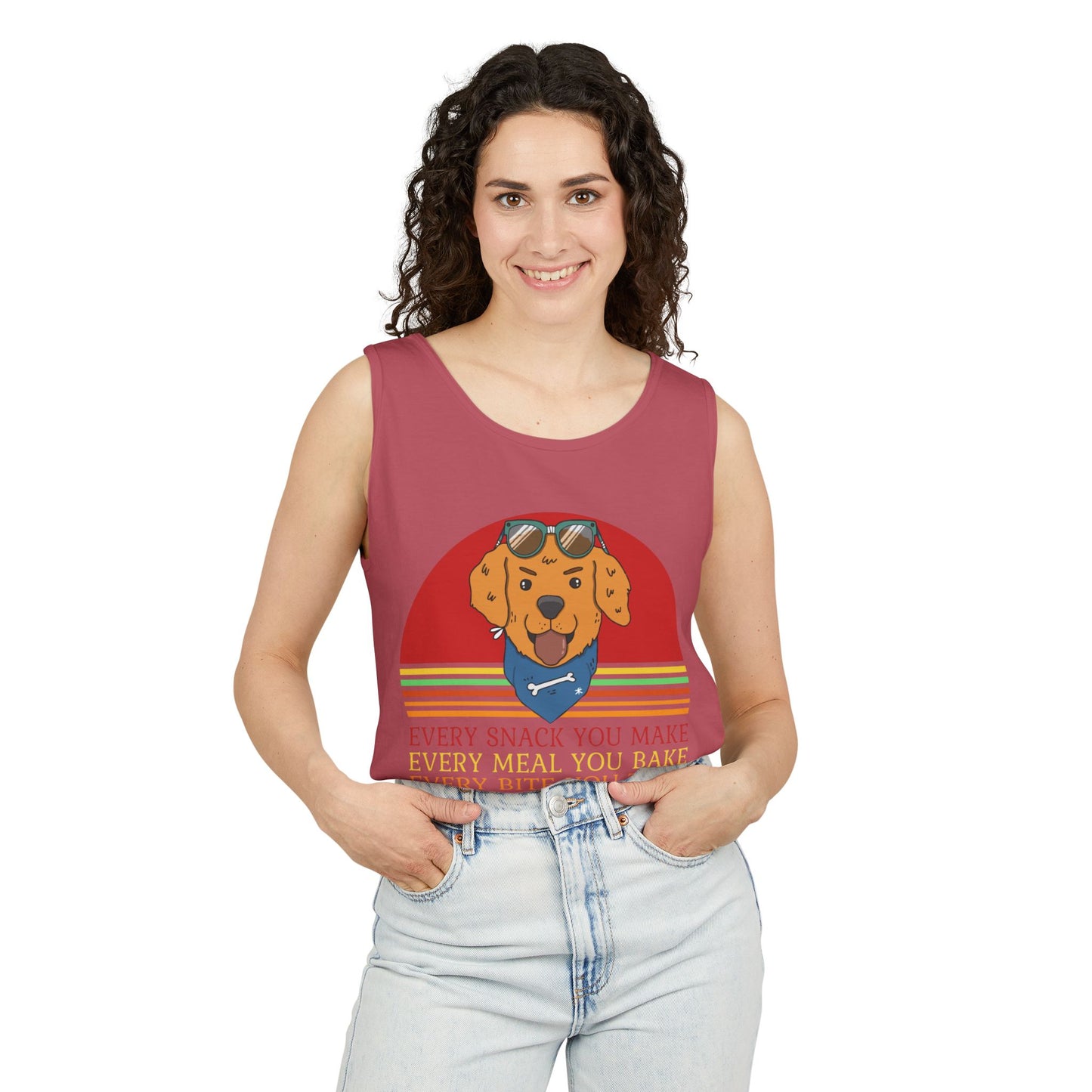 "Sassy Dog in Shades Tank – Funny Food Watching Pup Shirt" Unisex Garment-Dyed Tank Top