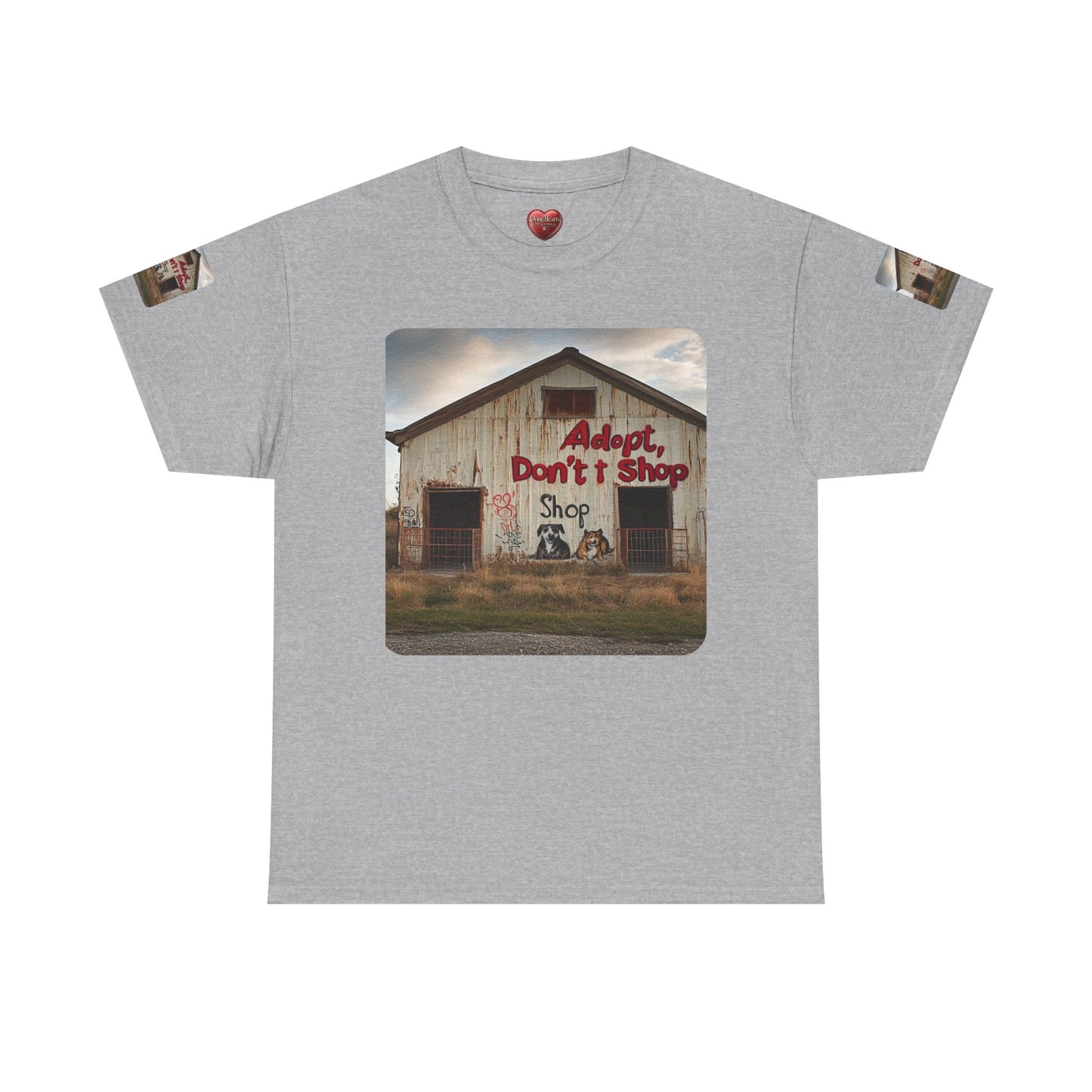 Support Rescue Animals – Rustic “Adopt Don’t Shop” Barn T-Shirt - Unisex Heavy Cotton Tee