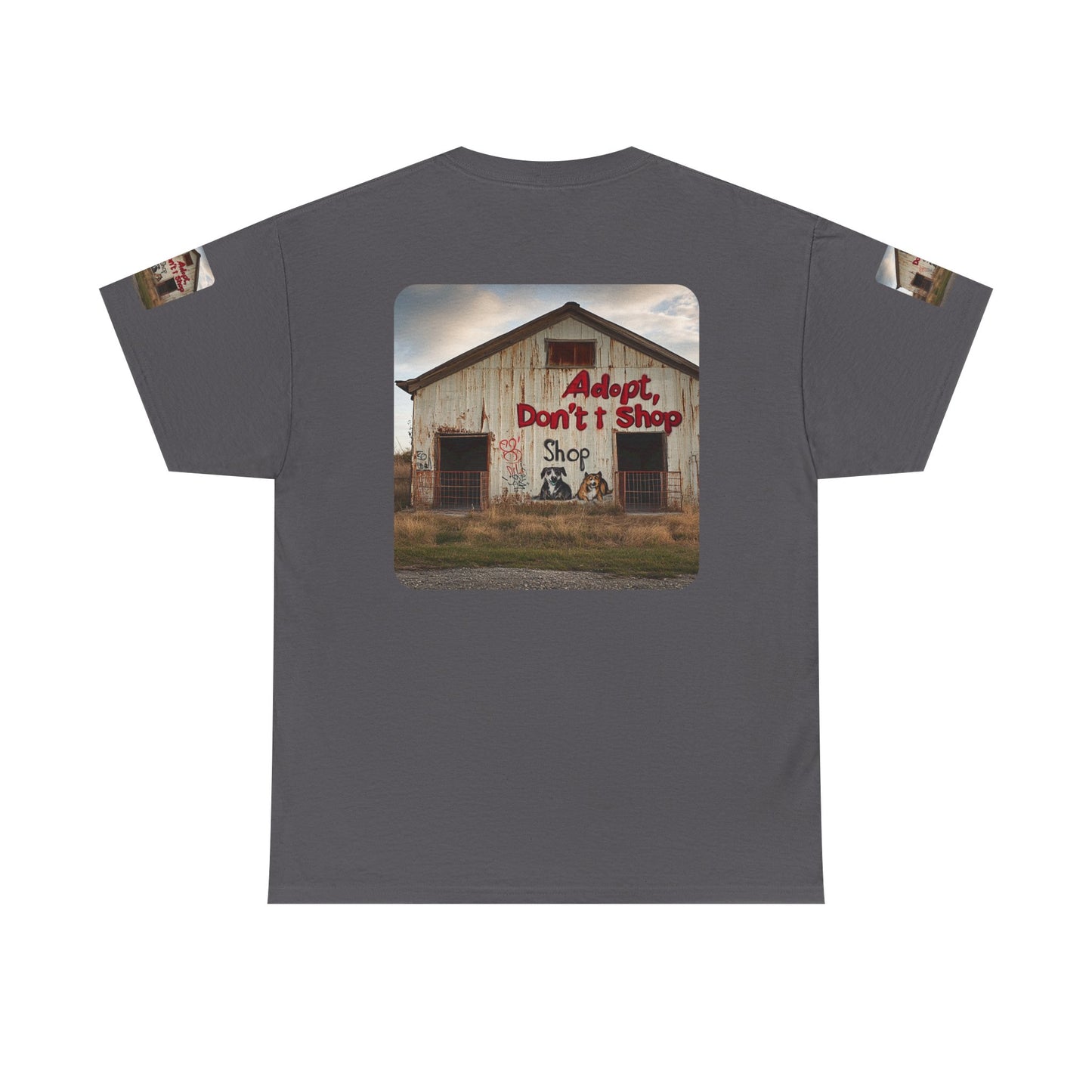 Support Rescue Animals – Rustic “Adopt Don’t Shop” Barn T-Shirt - Unisex Heavy Cotton Tee