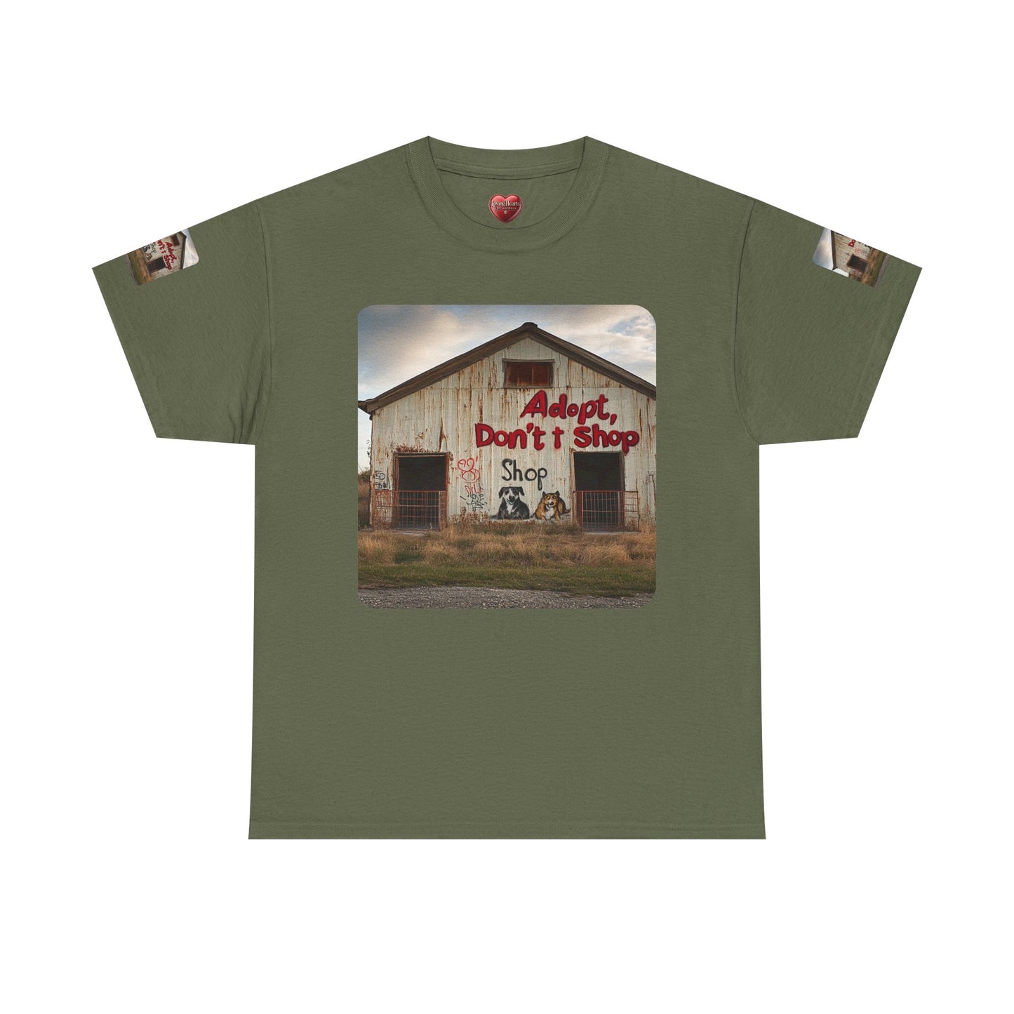 Support Rescue Animals – Rustic “Adopt Don’t Shop” Barn T-Shirt - Unisex Heavy Cotton Tee