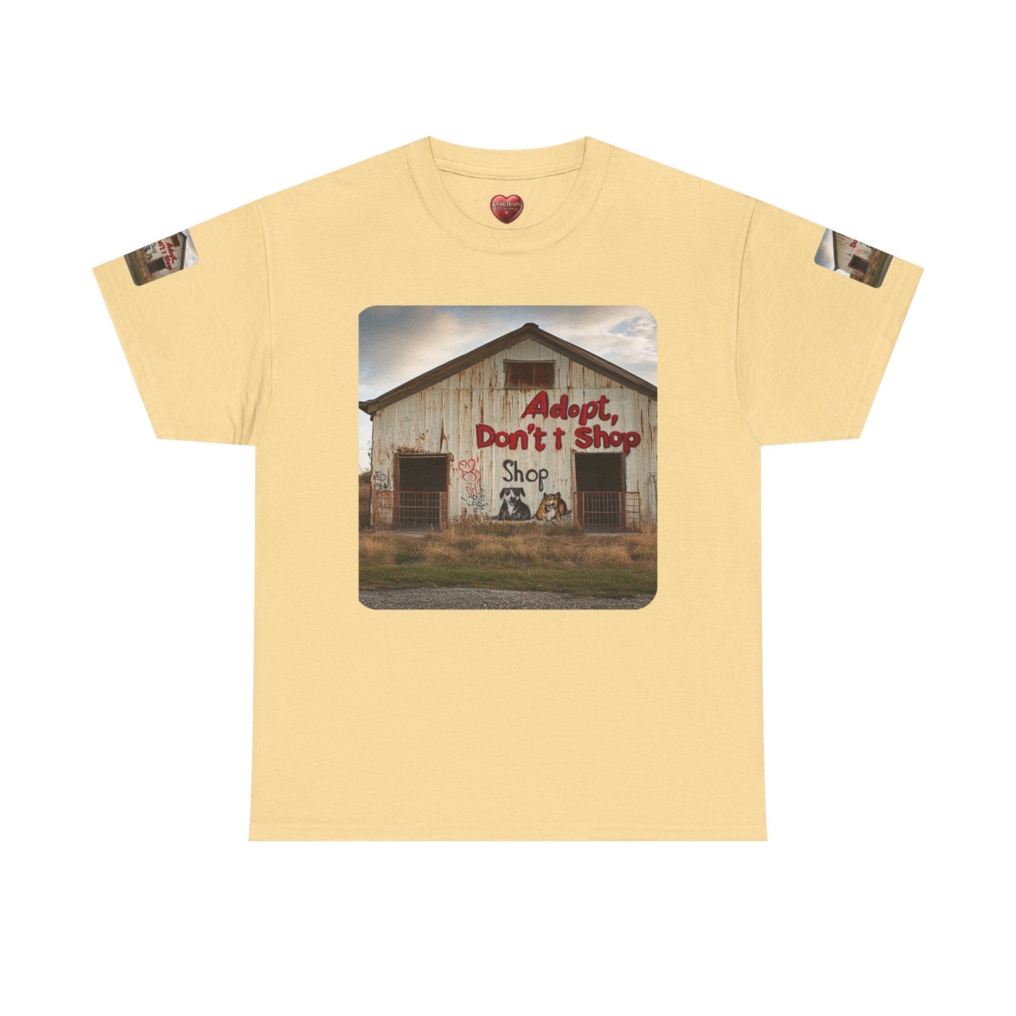 Support Rescue Animals – Rustic “Adopt Don’t Shop” Barn T-Shirt - Unisex Heavy Cotton Tee