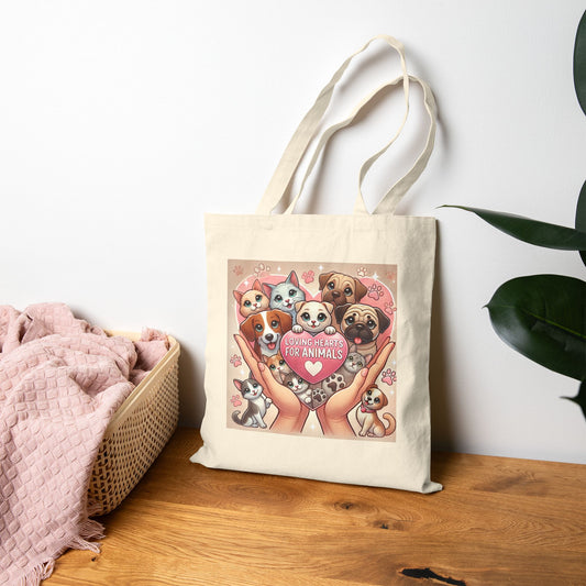Loving Hearts Rescue Tote Bag 🐾 Hands Holding Dogs, Cats & Heart - Cotton Canvas Tote Bag