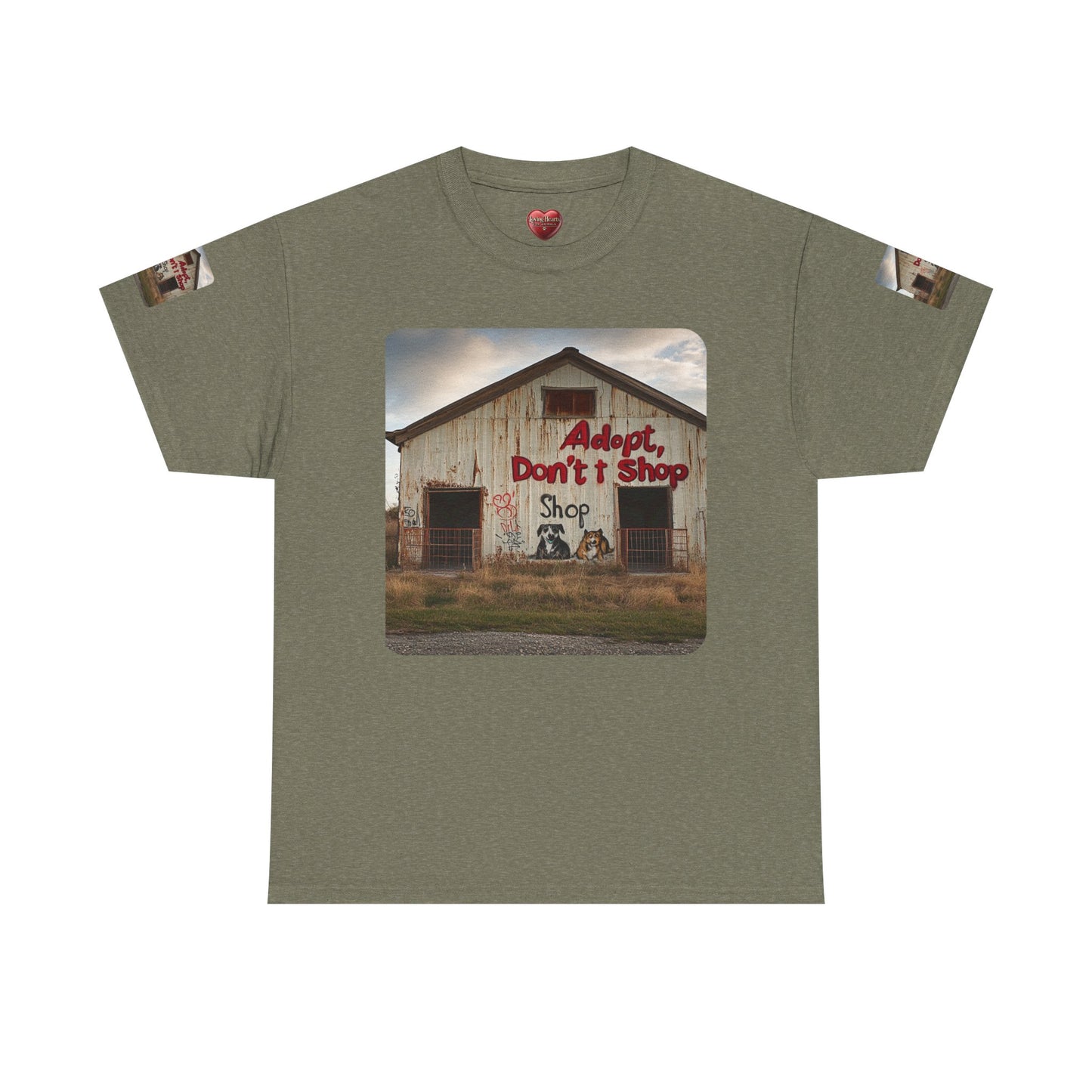 Support Rescue Animals – Rustic “Adopt Don’t Shop” Barn T-Shirt  -  Unisex Heavy Cotton Tee