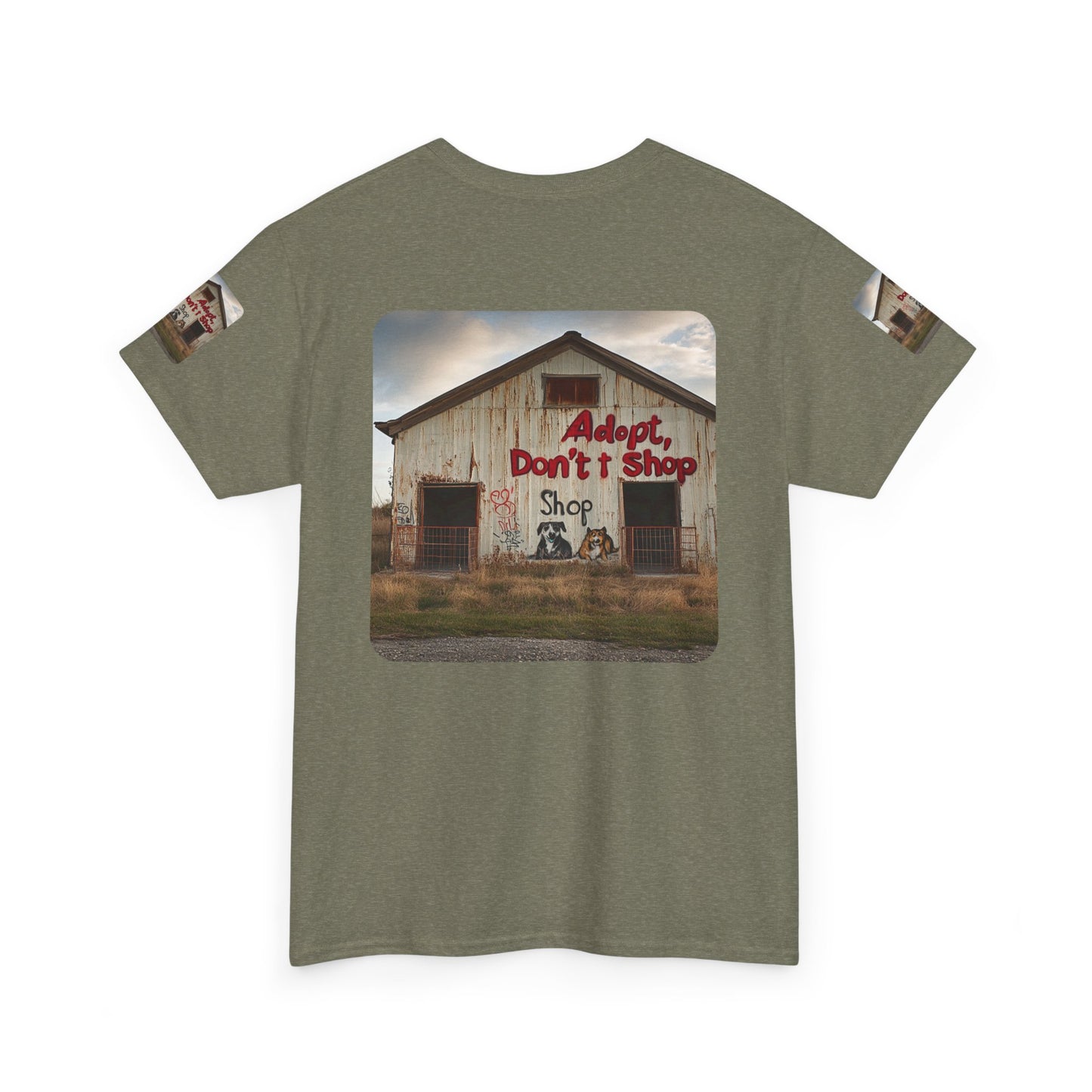 Support Rescue Animals – Rustic “Adopt Don’t Shop” Barn T-Shirt  -  Unisex Heavy Cotton Tee