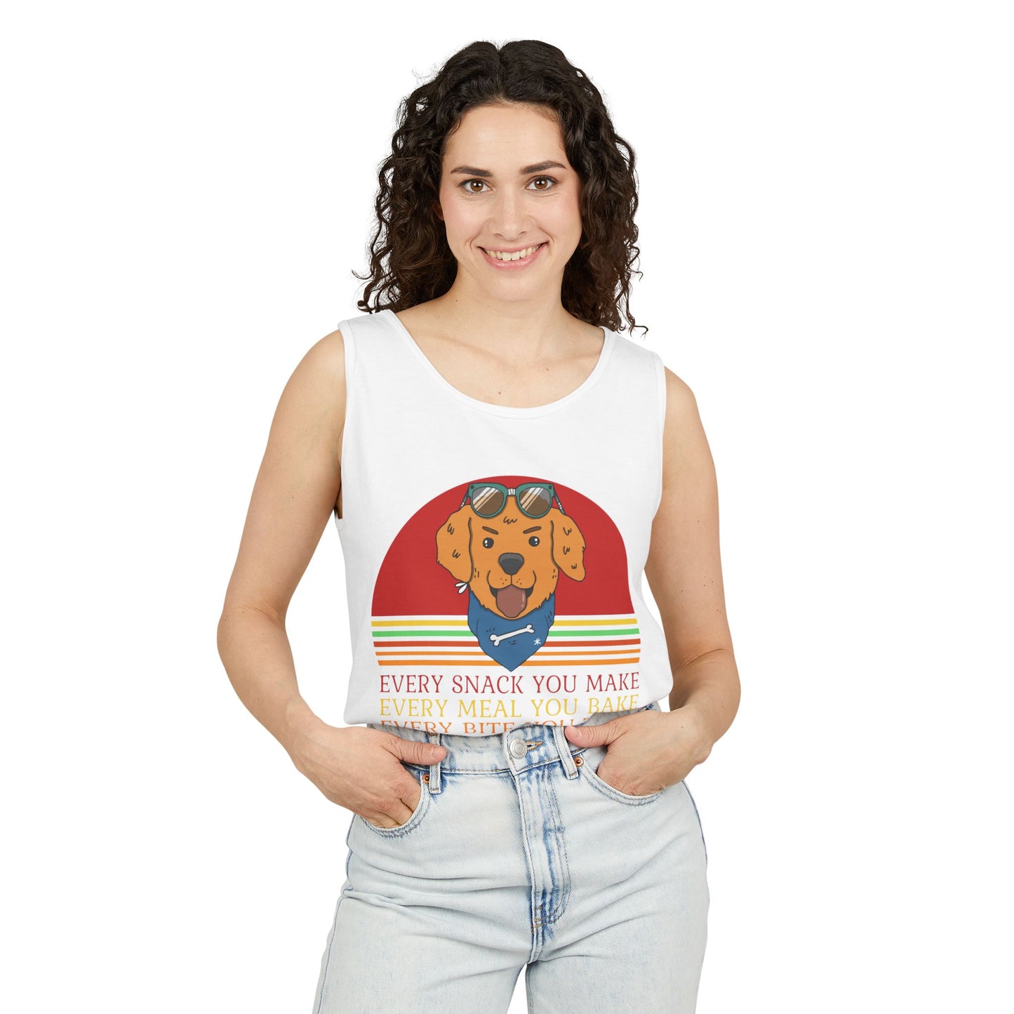 "Sassy Dog in Shades Tank – Funny Food Watching Pup Shirt" Unisex Garment-Dyed Tank Top